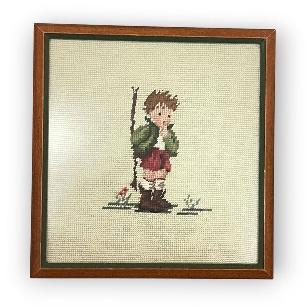 Vintage Framed Cross Stitch Needlepoint Art Hummel Figure German Boy
